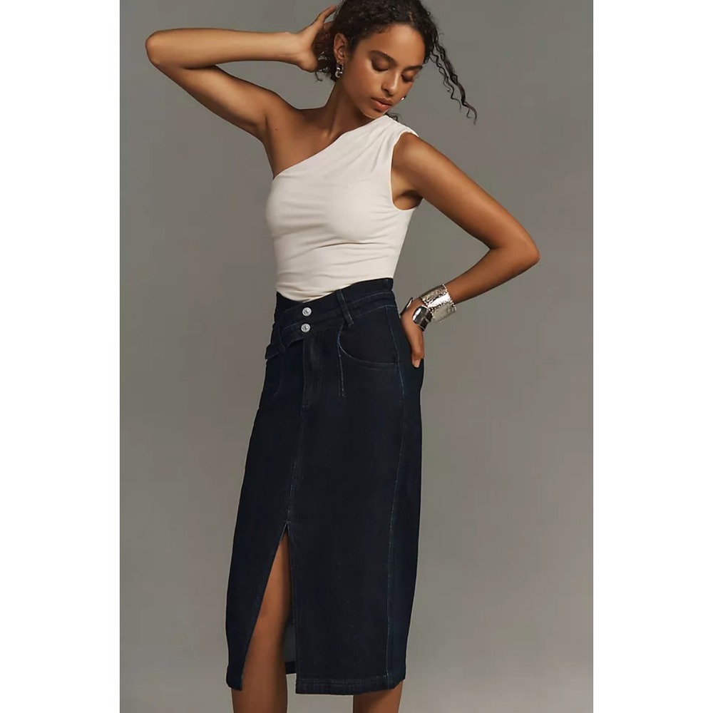 Anthropologie Dark Indigo Button-Front Midi Skirt with Front Slit-RUNS SMALL